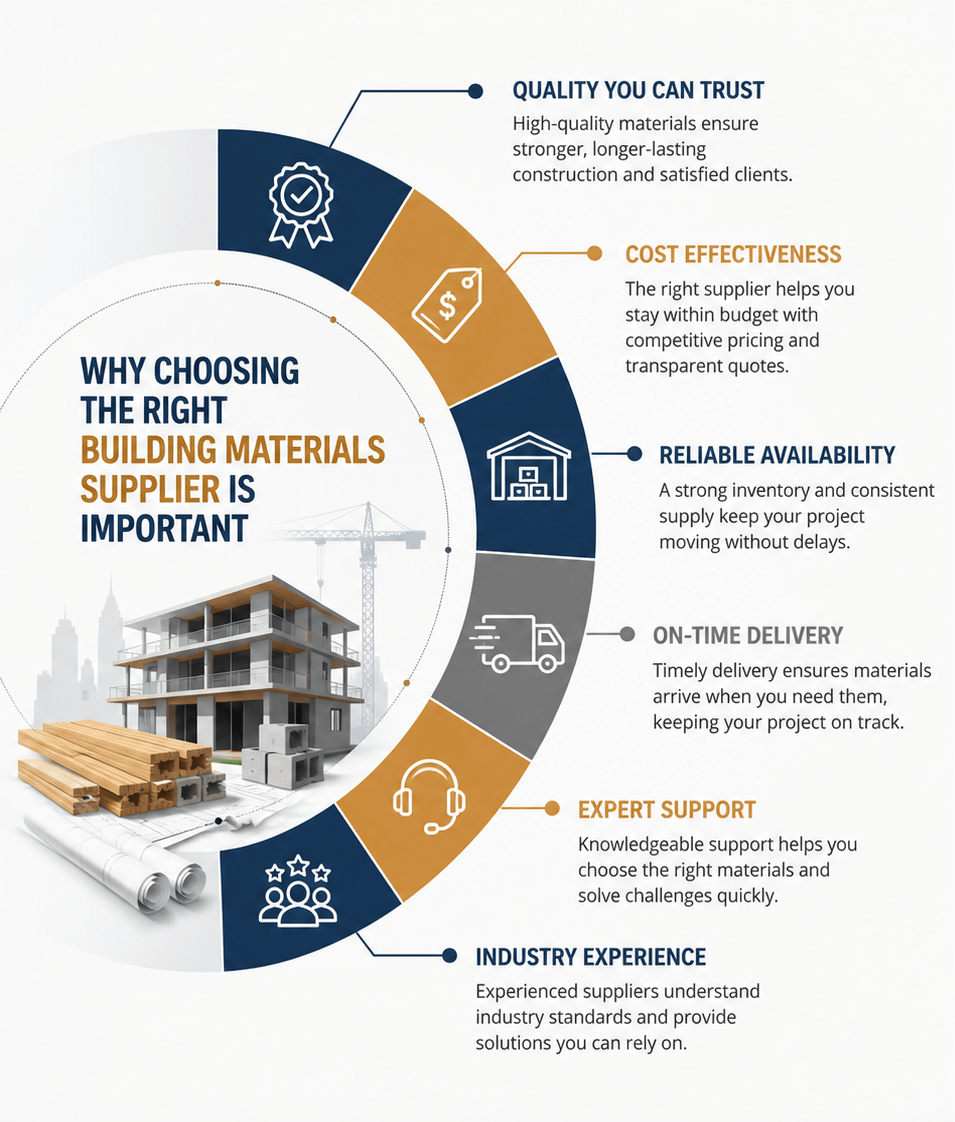 Infographic highlighting the key qualities of a reliable building materials supplier.